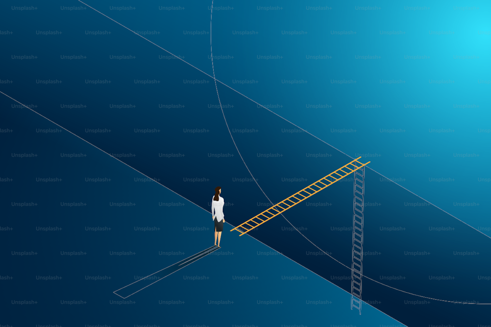 Business challenge businesswoman standing thinking looks at ladder cross to goal success. illustration Vector