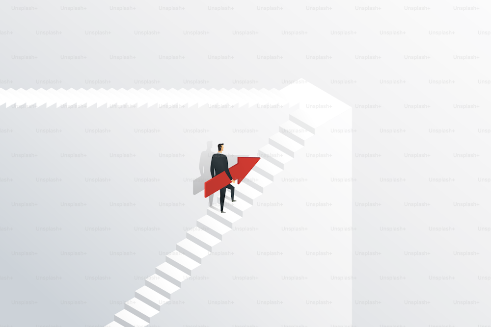 Businessman holding an arrow up the stairs to target goal and success. Business concept illustration Vector