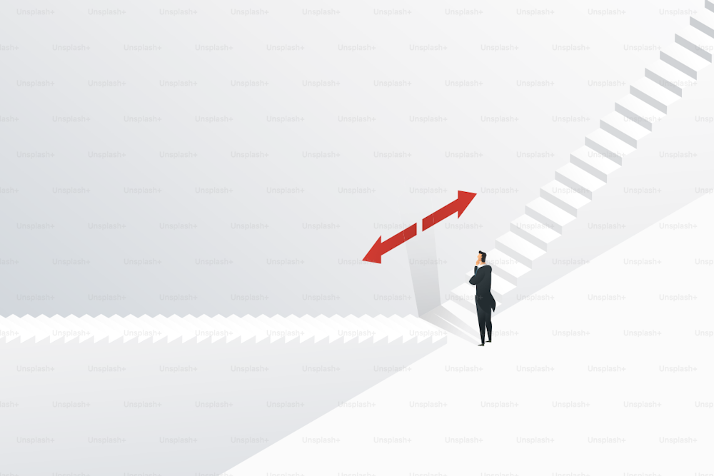 Hombre de negocios confundir para elegir en qué dirección subir las escaleras. Concepto isométrico Ilustración vectorial