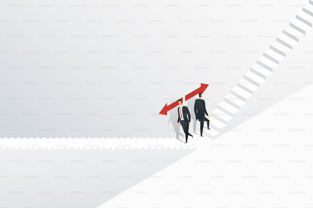 Businessman two choose which direction to go up the stairs. isometric concept illustration vector
