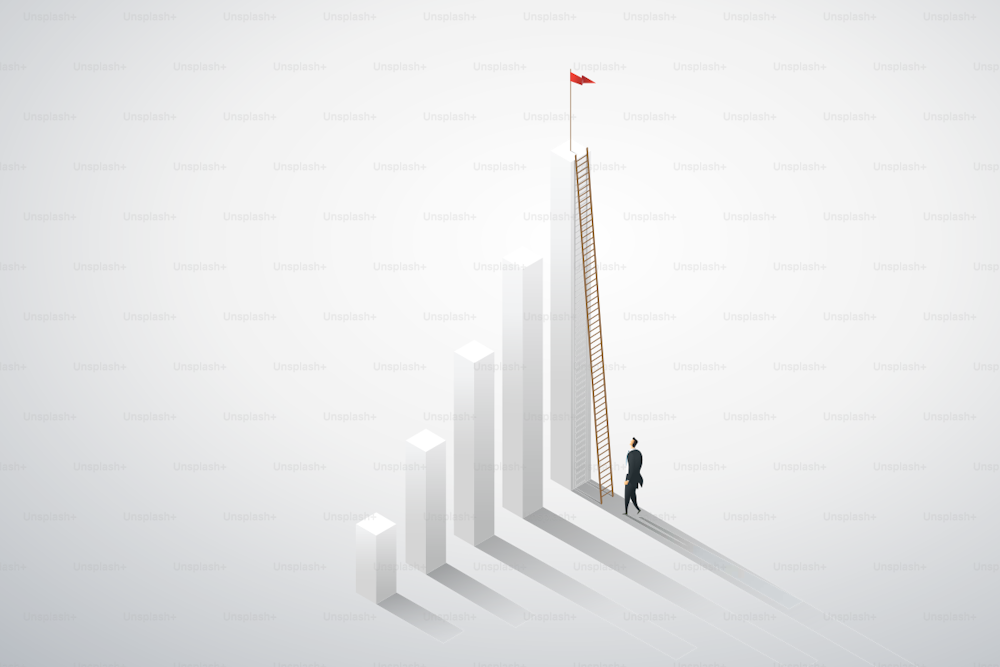 Visão do empresário subindo escada através de oportunidades no gráfico. Vetor de ilustração do conceito de negócio