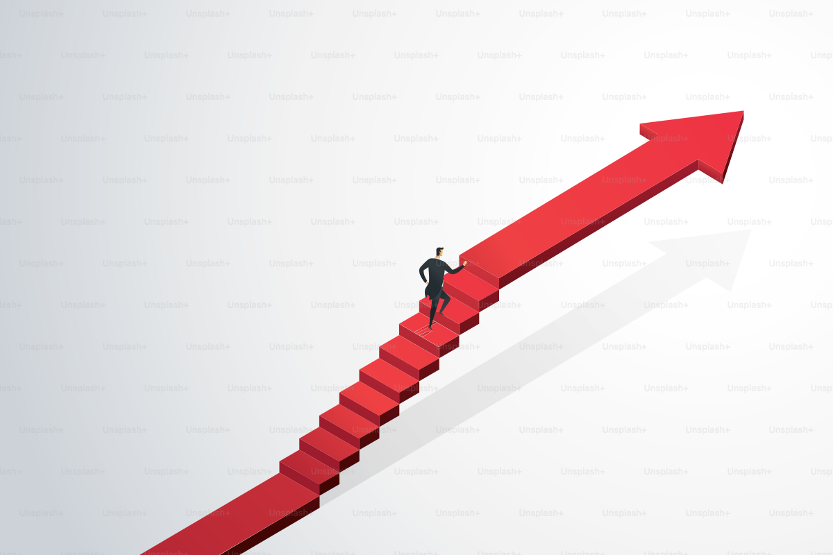 Hombre de negocios corriendo por la flecha de las escaleras hacia el objetivo objetivo y el éxito. Ilustración del concepto de negocio Vector