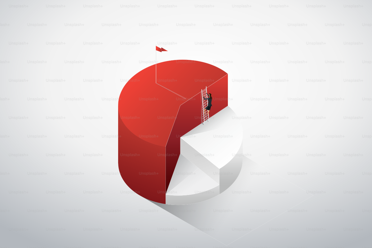 Businesswoman climbing ladder up to the target goal and success on, pie chart. Business concept illustration Vector