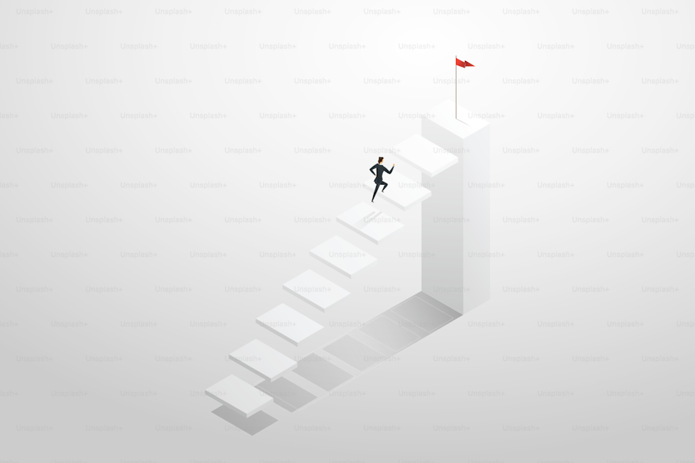 Empresária correndo escadas acima para o objetivo alvo e sucesso. Ilustração do conceito de negócio Vector