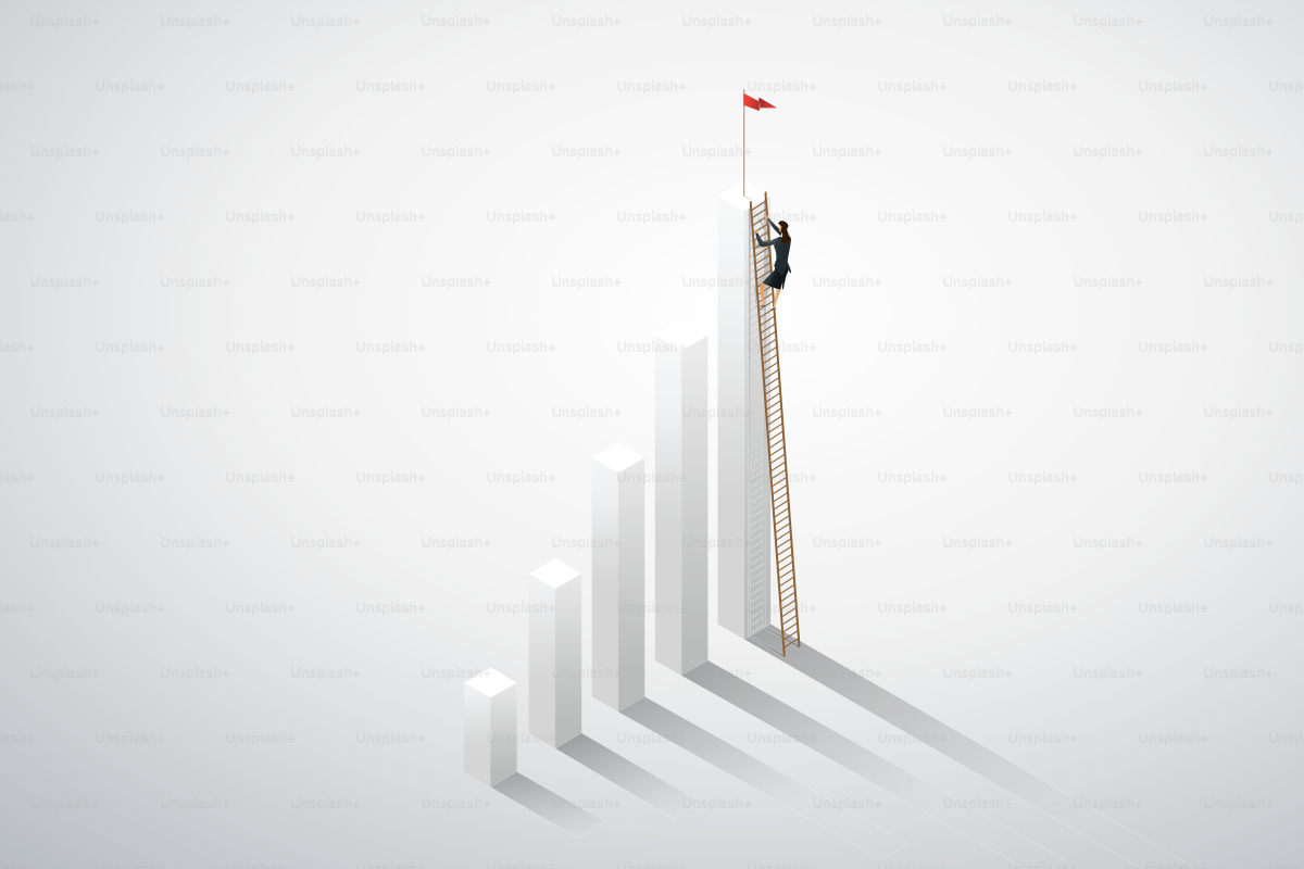Businesswoman climbing ladder up to on chart success. Business concept illustration Vector