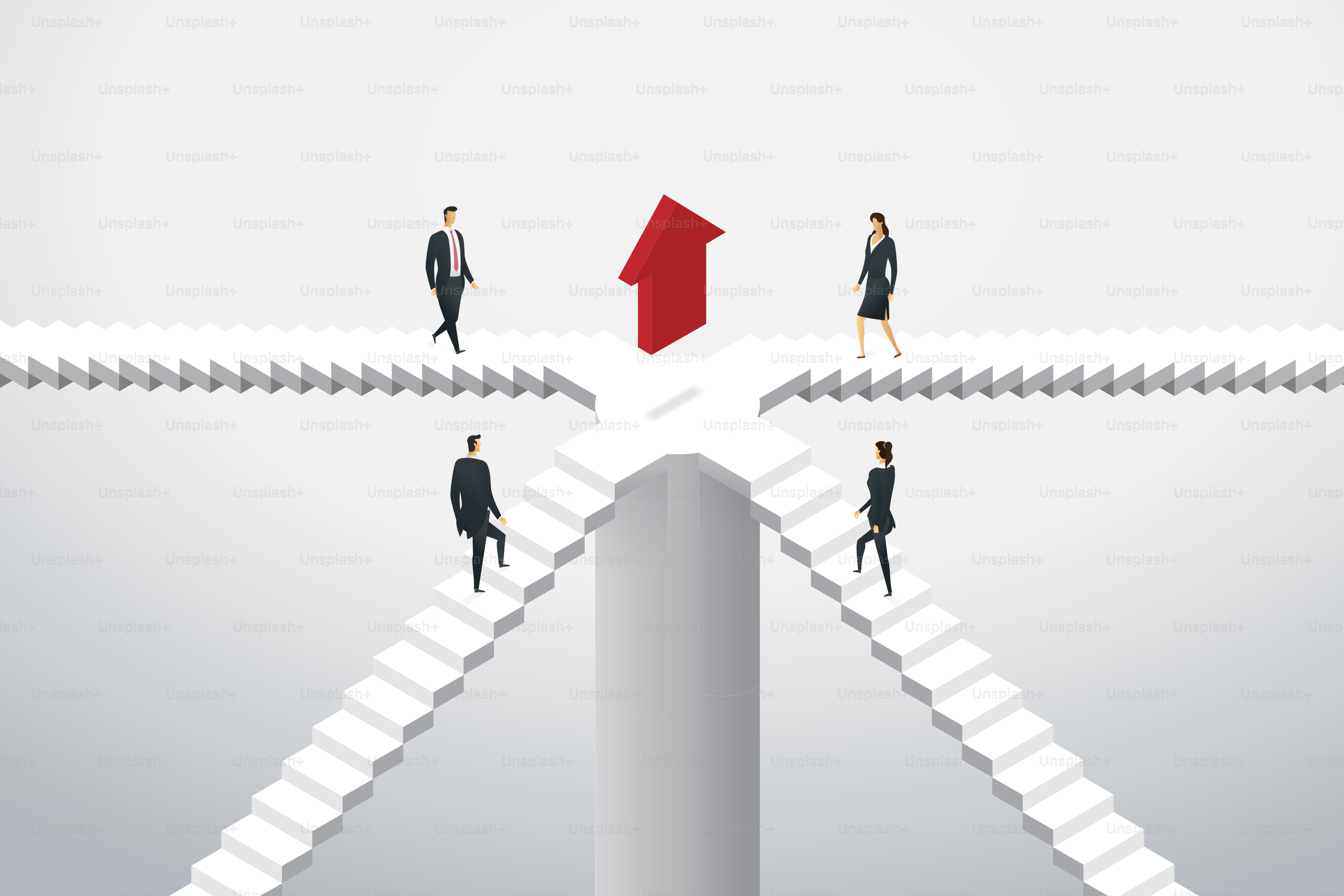 Business people group are walking up the stairs to arrow red to the target goal. isometric concept illustration