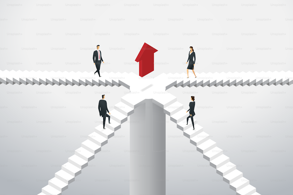 Grupo de empresários estão subindo as escadas para seta vermelha para o objetivo alvo. ilustração do conceito isométrico
