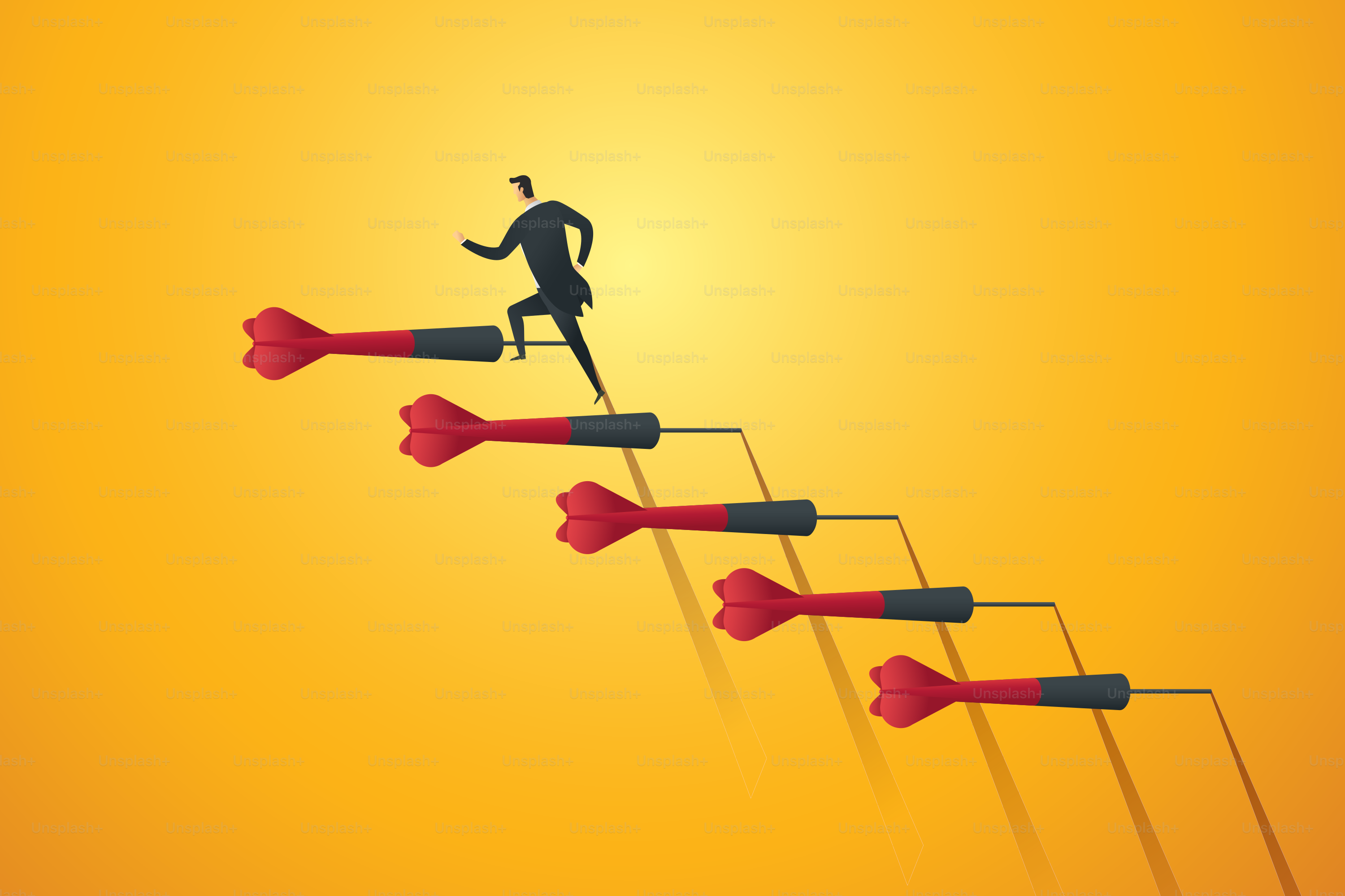 Empresário correndo pelas escadas se lança para o objetivo alvo e sucesso. Ilustração do conceito de negócio Vector