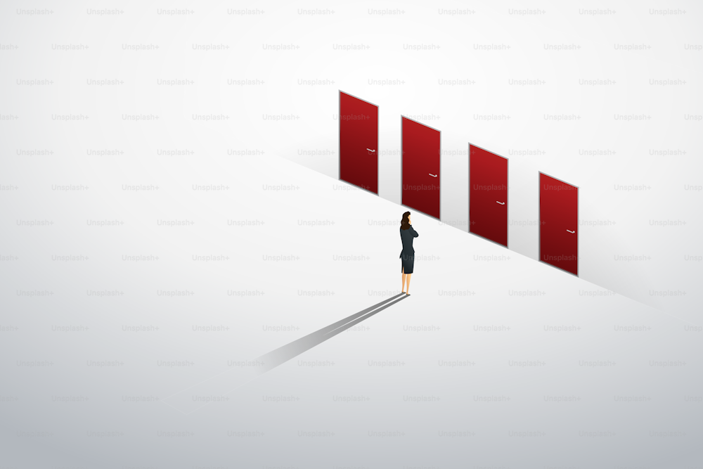 Femme d’affaires debout pensant à la porte rouge quatre de choix sur le chemin du mur vers le succès de l’objectif. illustration Vecteur