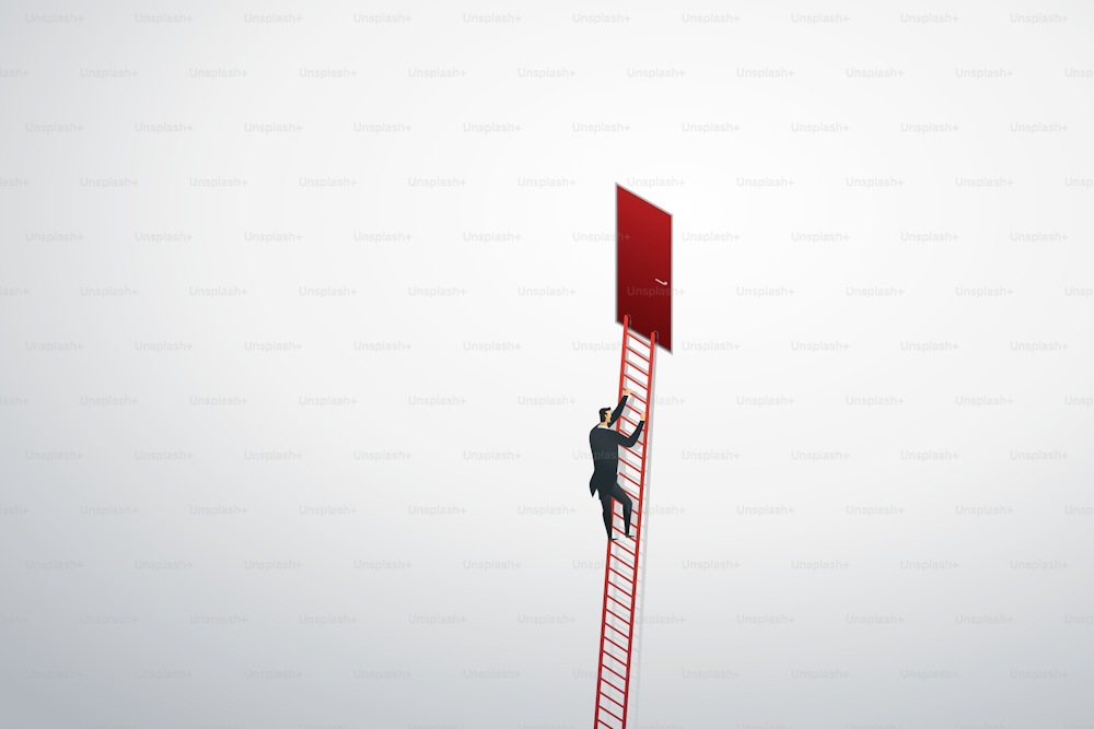 Hombre de negocios subiendo escalera hasta la puerta roja en la pared para alcanzar el éxito. vector de ilustración
