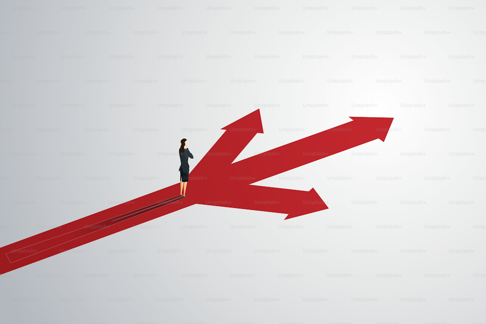 Business person looks at arrow up path three way  to goal success. illustration Vector