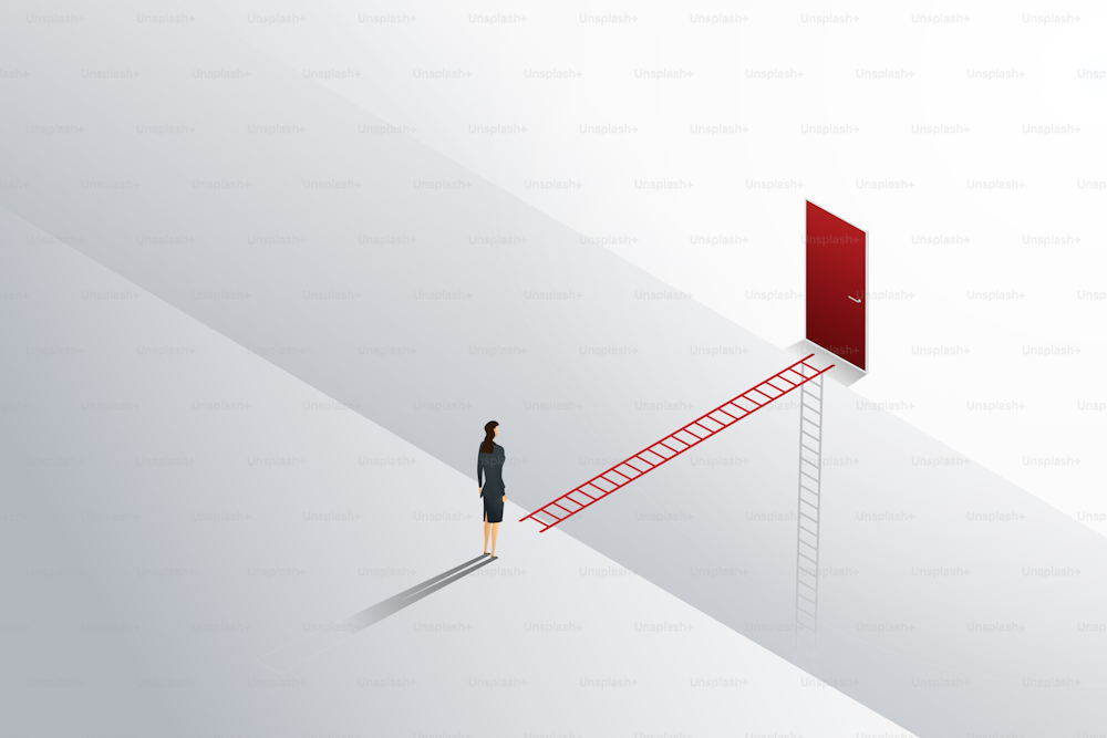 Geschäftliche Herausforderung Geschäftsfrau steht und schaut auf das Leiterkreuz zur roten Tür. Illustration Vektor