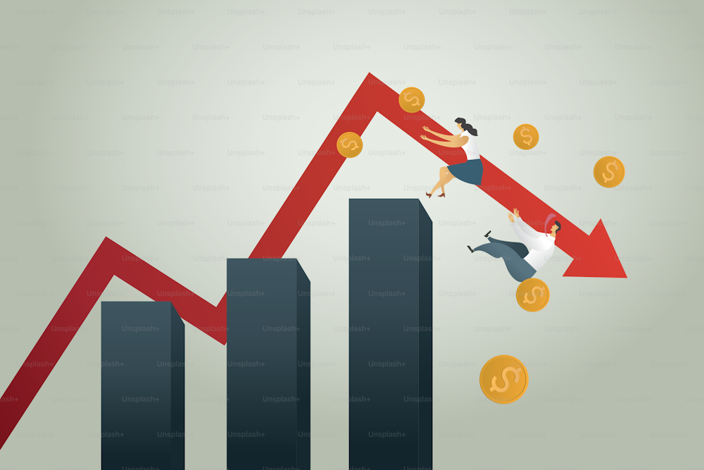 Bankruptcy business administration Businessman and Businesswoman falling from down arrow chart Coin spreads, recessions, crises and financial losses in the trading market. illustration vector Eps10