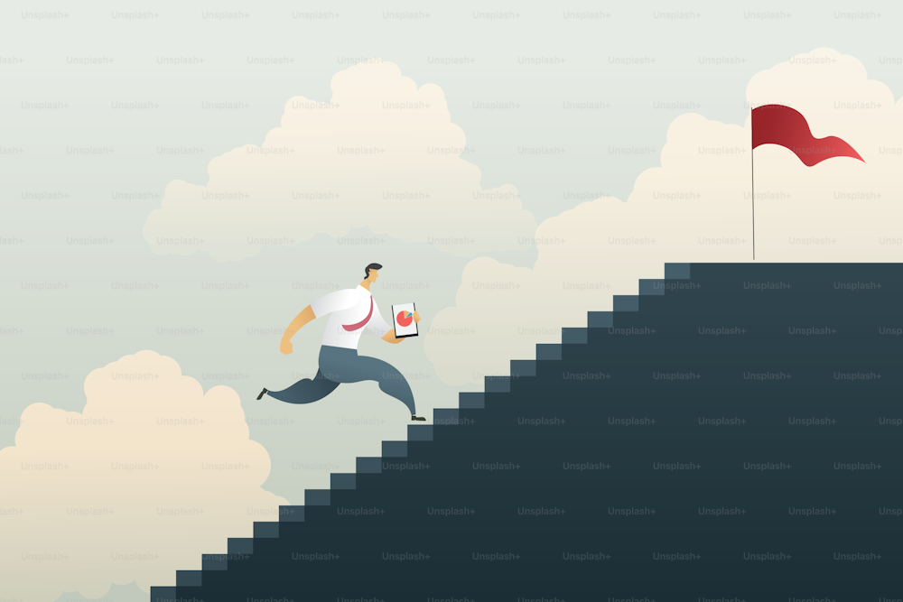 business man holding a pie chart Running up the dark gray stairs to the top with a red flag in the sky in the background. techniques, graphics, illustrations