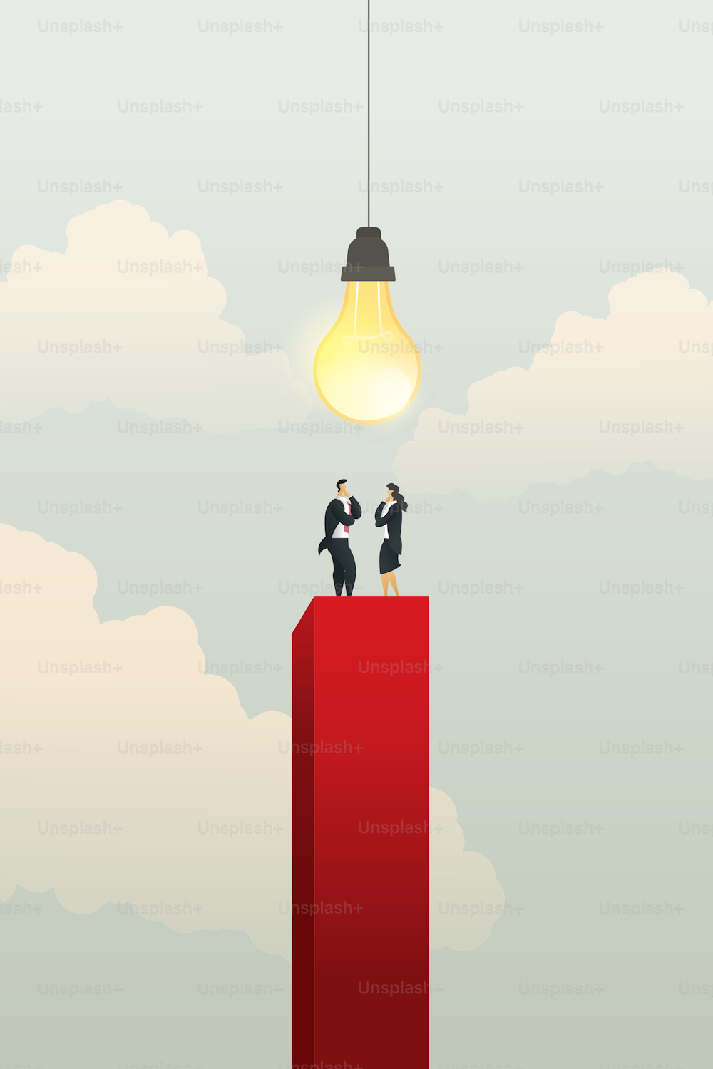 Businessmen and businesswomen Standing on red graph, there bright light bulb. creative business ideas brainstorming or teamwork concept on sky background. illustration vector Eps10