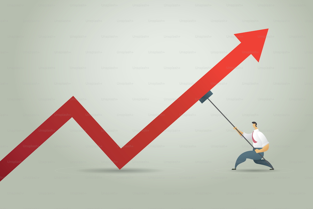 Businessman tries stick to push up red arrow graph. business growth idea symbol of success Ambition and Motivation. Illustration vector Eps10