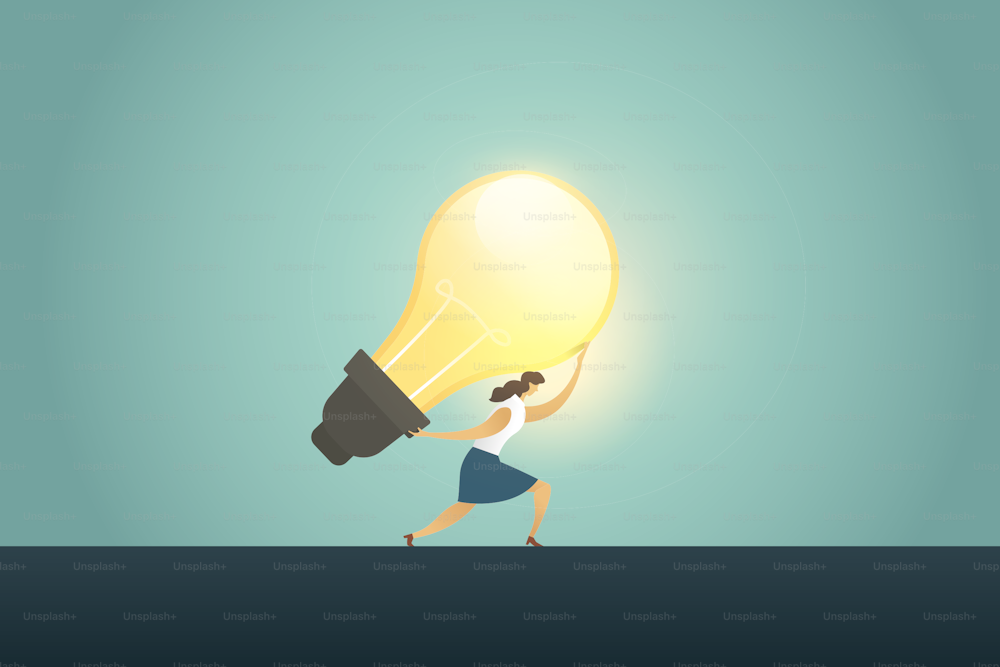 Businesswoman leader holding big idea bulb Creativity success. illustration Vector