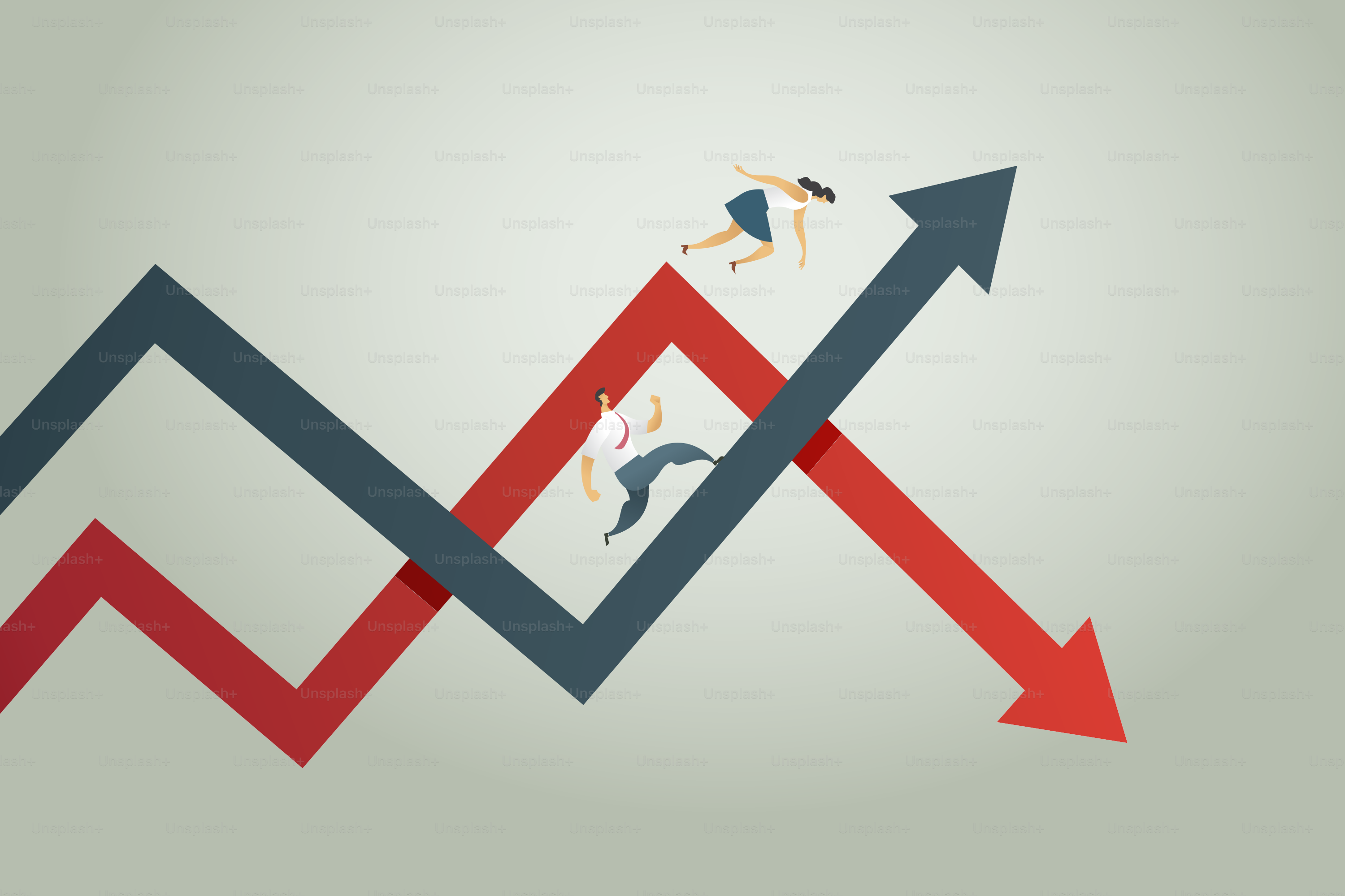 Bankruptcy business woman Fell from the chart down arrow, business man, make profit, arrow pointing up. profit and loss trading concept. illustration vector Eps10