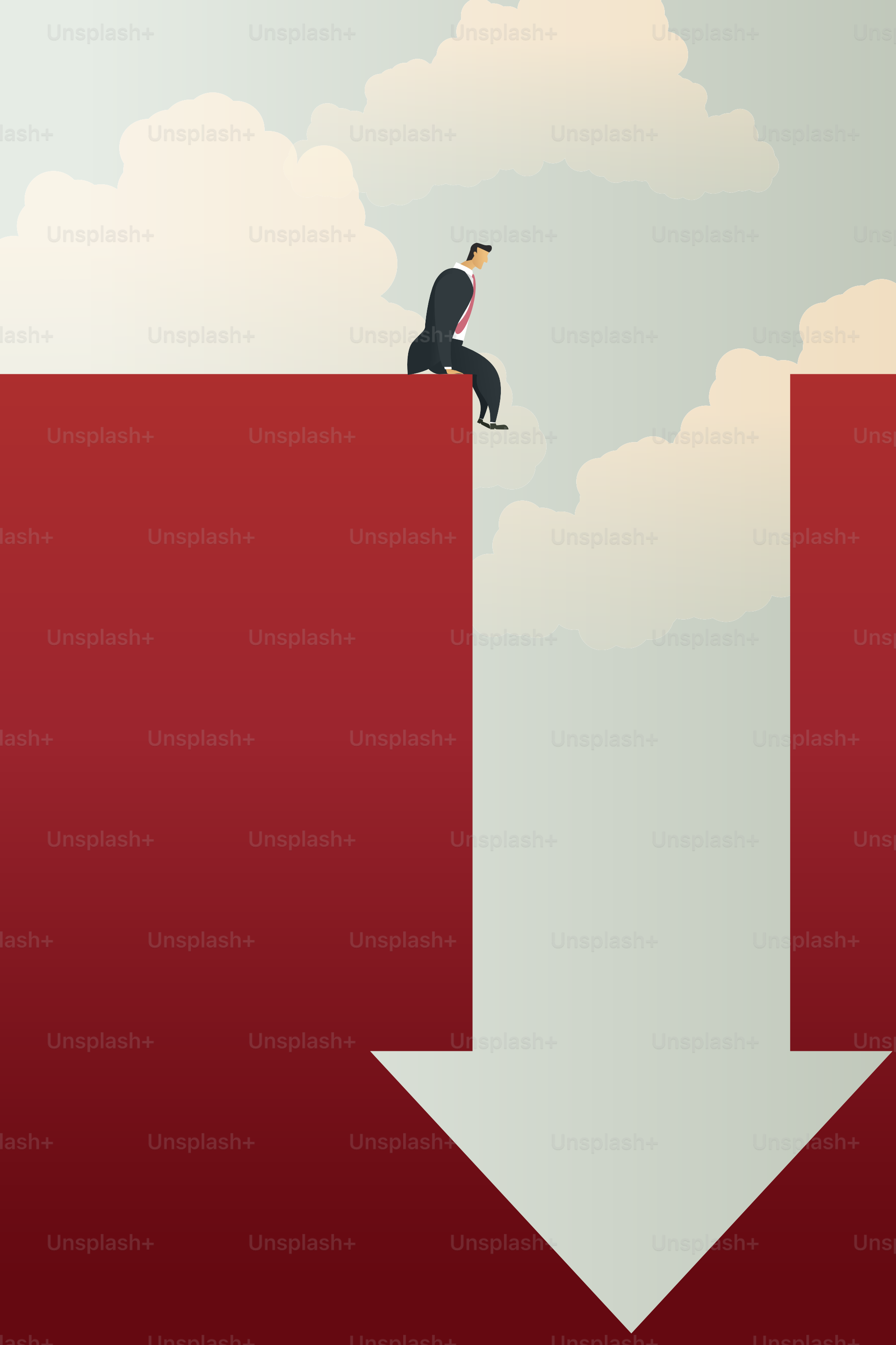 Businessman sad sitting on each side down arrow graph profit loss, crises and financial losses in the trading market. illustration vector
