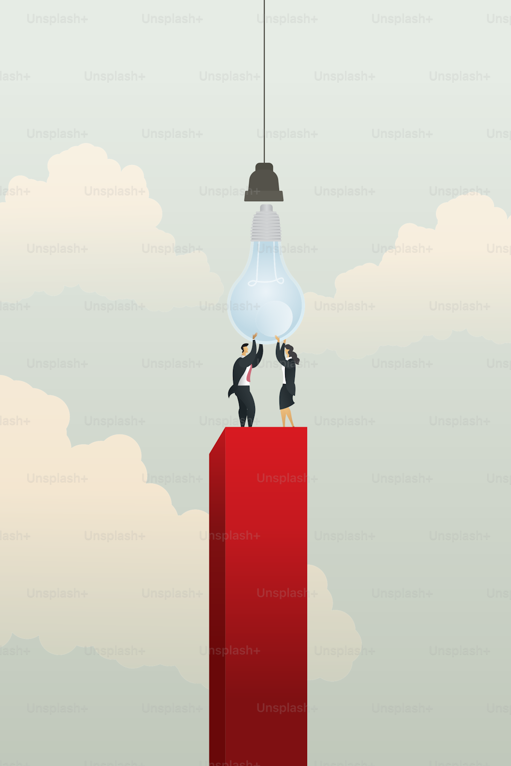 Businessmen and businesswomen help hold the light bulb on red graph, creative business ideas brainstorming or teamwork concept on sky background. illustration vector Eps10