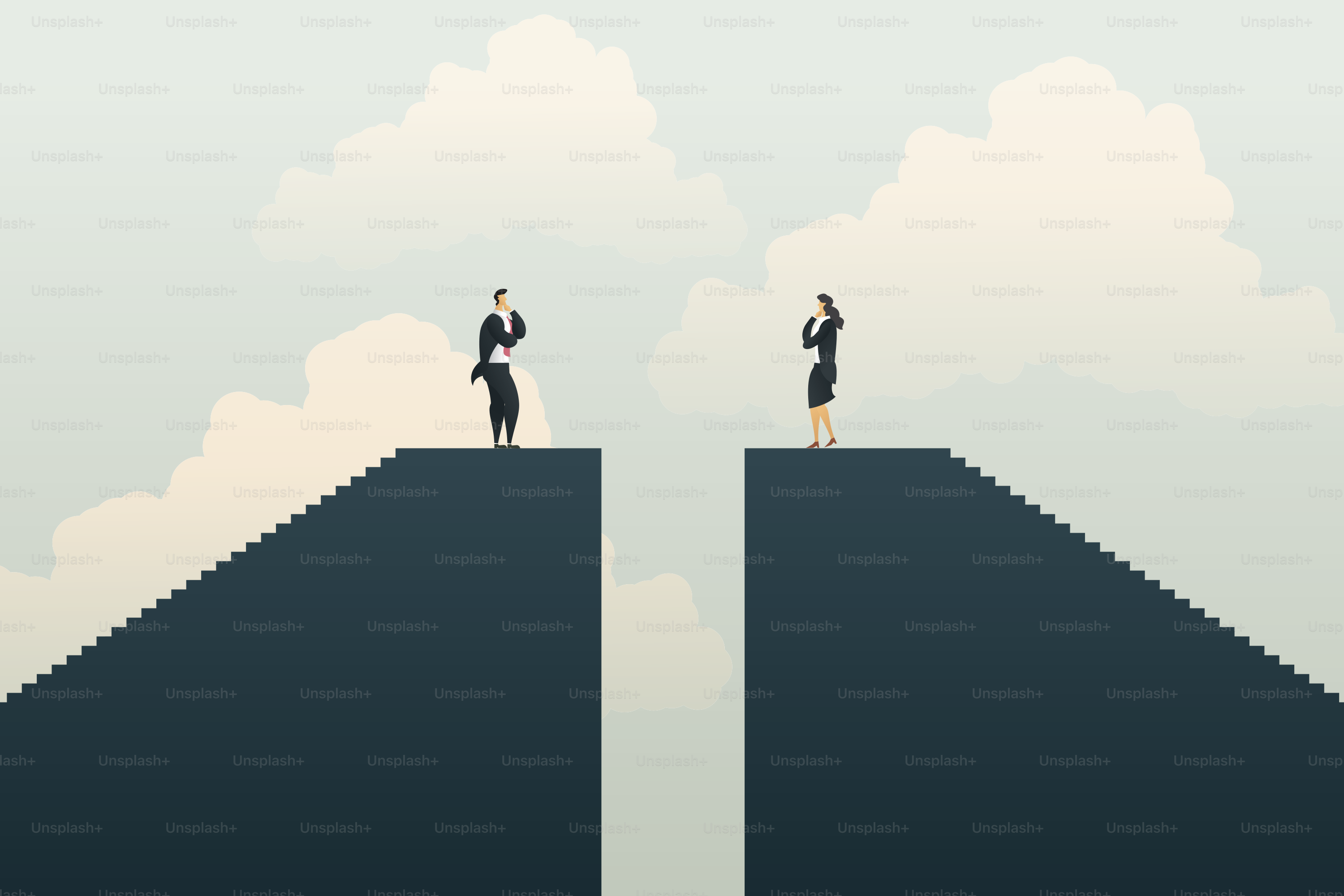 Businessman, businesswoman stand on different sides, looking investment and growth opportunities. symbol of overcoming obstacles. vector illustration Eps10