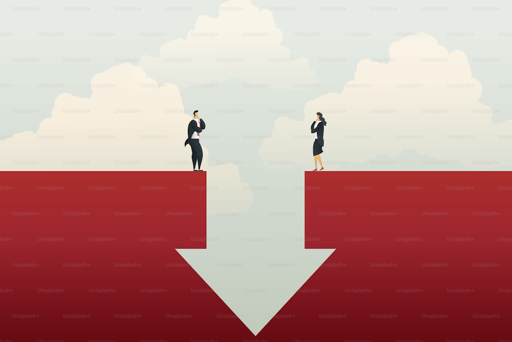 Businessman and businesswoman standing on each side down arrow graph profit loss, crises and financial losses in the trading market. illustration vector Eps10