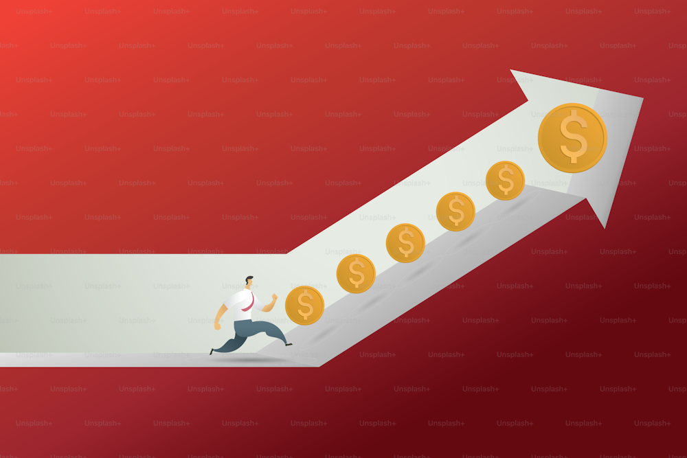 Businessman concept running on an arrow pointing up ready to collect coins Profit from a successful business growth challenge. illustration vector