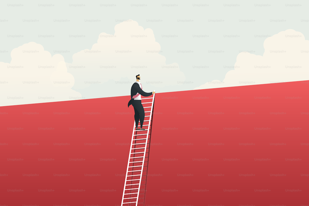 Businessman climbing ladder for vision opportunities and achievement challenge and solution over the wall. Business concept illustration vector