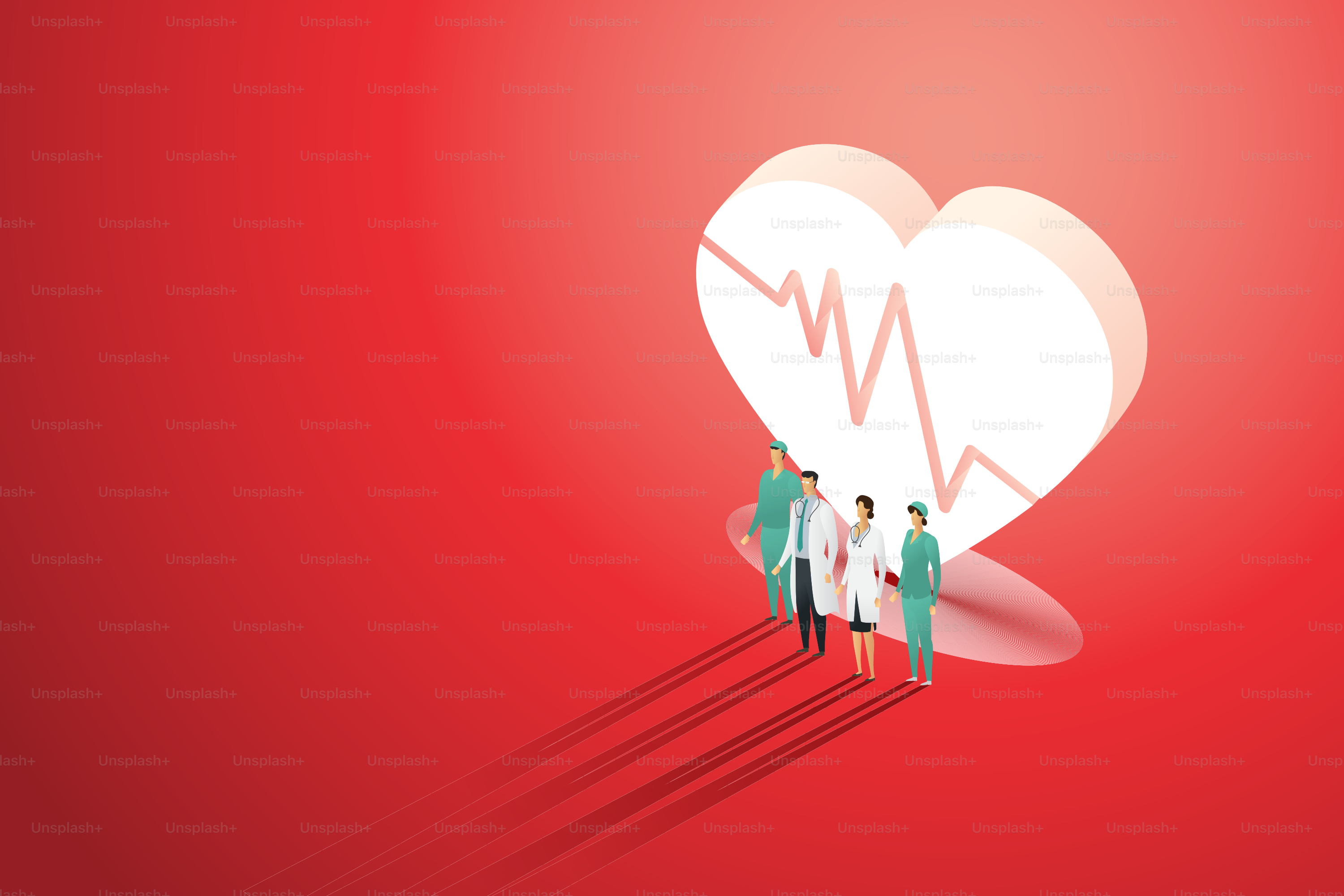 Group doctor team standing front heart beat in background red at light falls. icon for medical, illustration Vector