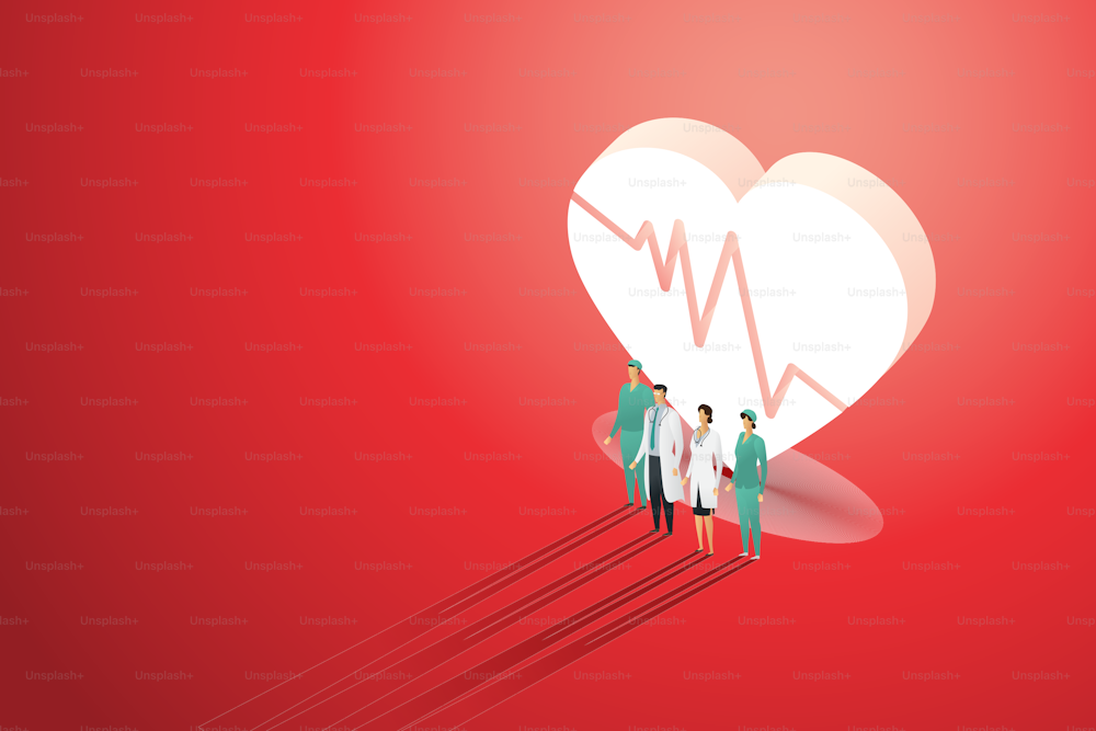 Group doctor team standing front heart beat in background red at light falls. icon for medical, illustration Vector