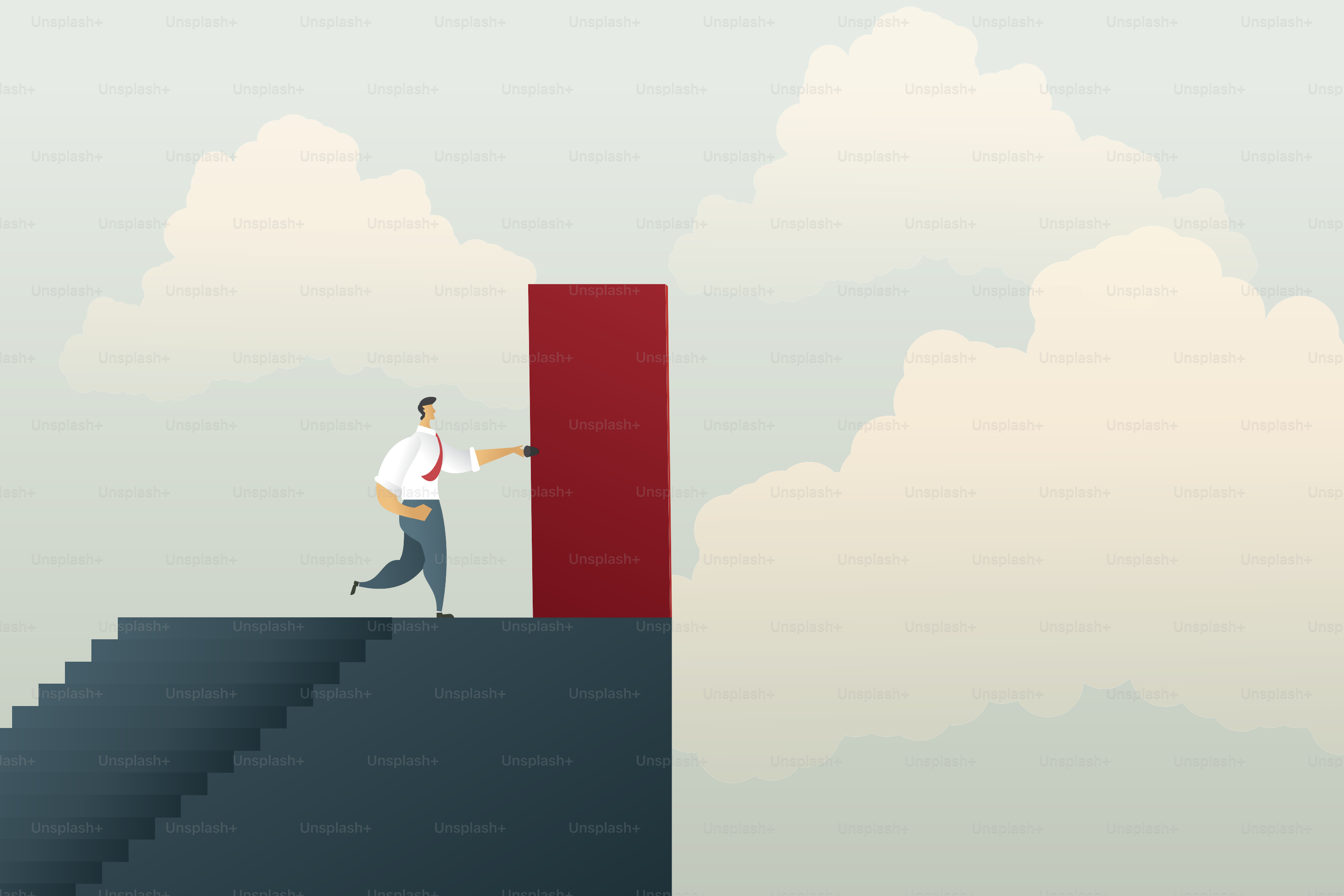 Un homme d’affaires sur le point d’ouvrir une porte rouge atteignant le sommet de l’escalier, une opportunité de développement de carrière ou une décision d’affaires pour un nouveau défi. illustration Vector