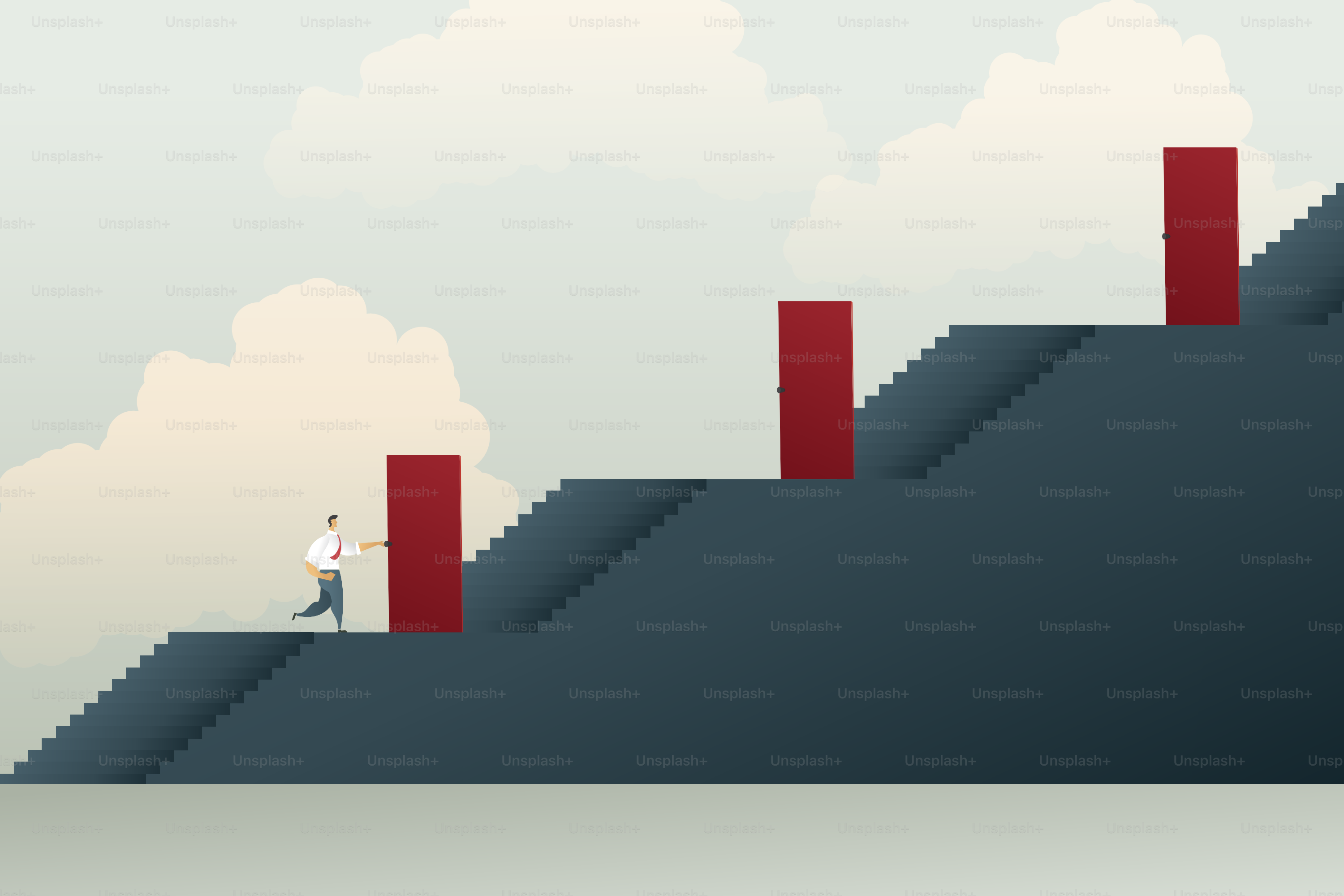 Businessman have to go through the gates of each floor to ascend to success ascend goal and obstacle challenge. illustration Vector