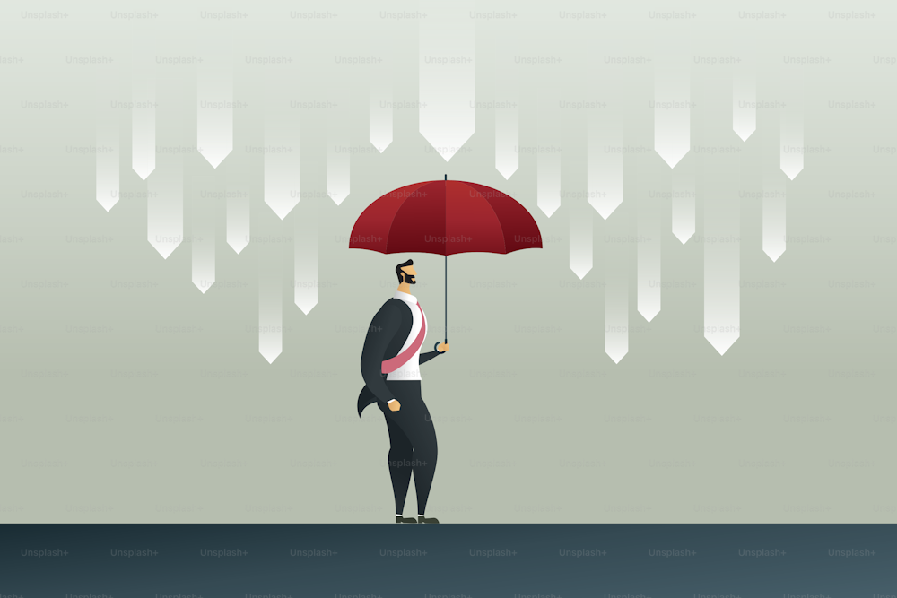 우산을 쓴 사업가, 빨간색 보호 화살표는 경제 위기나 시장 붕괴에 비가 내린다. 일러스트레이션 벡터