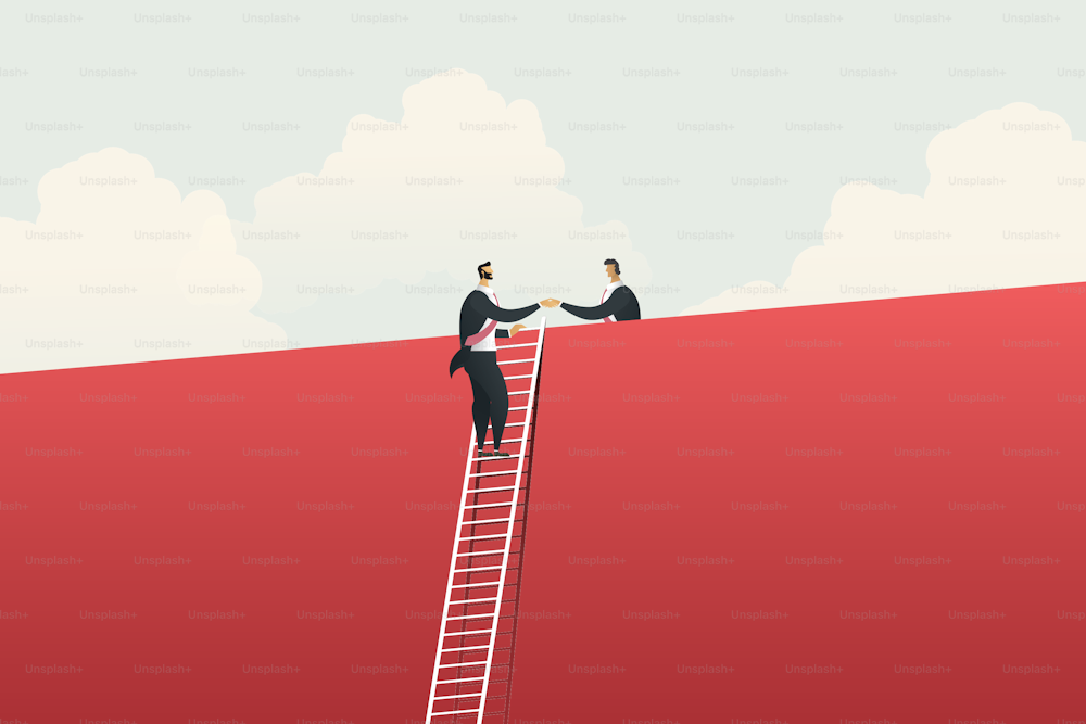 Uomini d'affari che salgono la scala stringendo la mano attraverso la cooperazione Uomo d'affari sulla grande parete rossa. vettore illustrazione