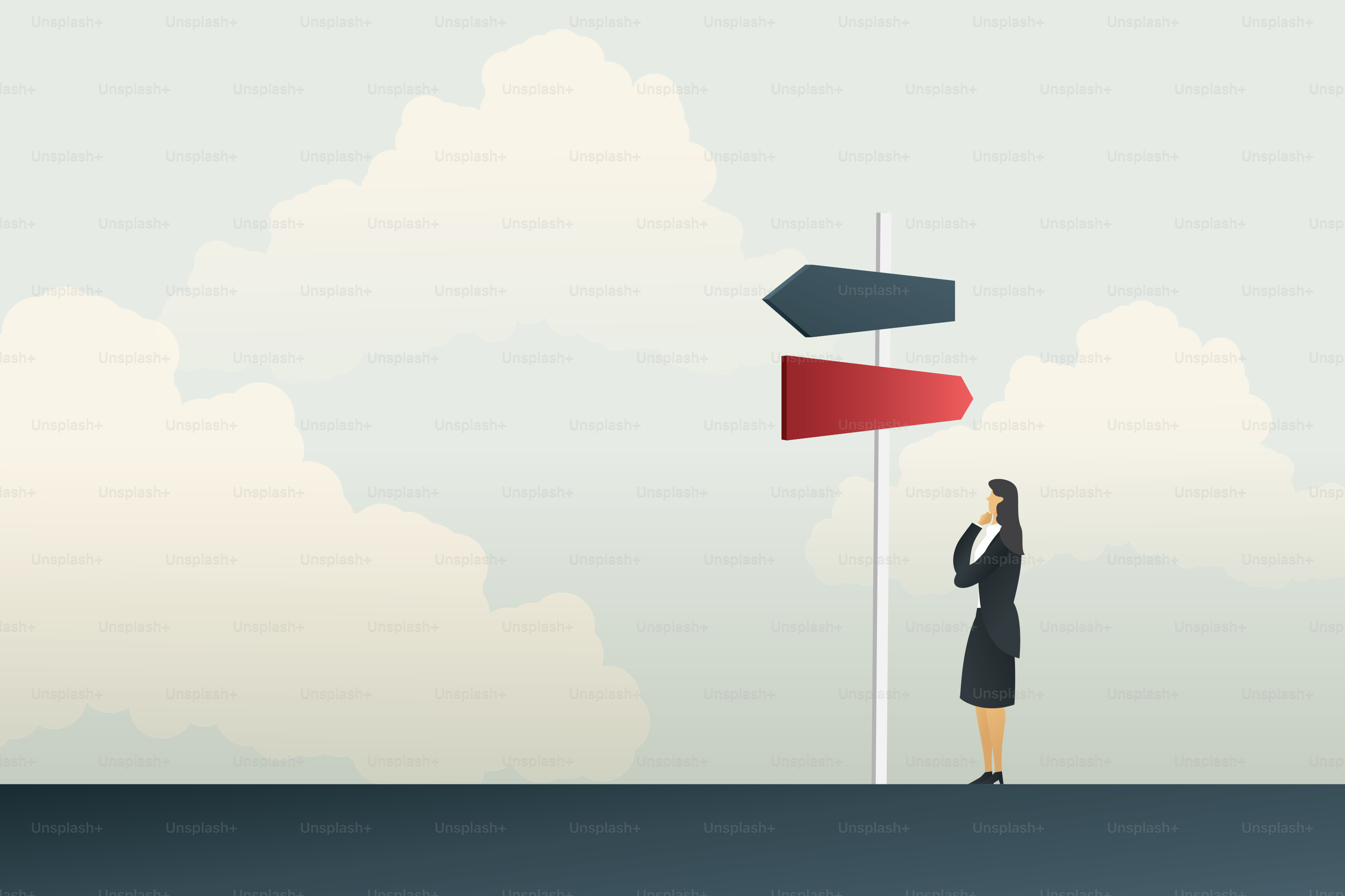 Businesswoman decision about trying to make a way, to make a choice for the way forward to success.illustration  Vector