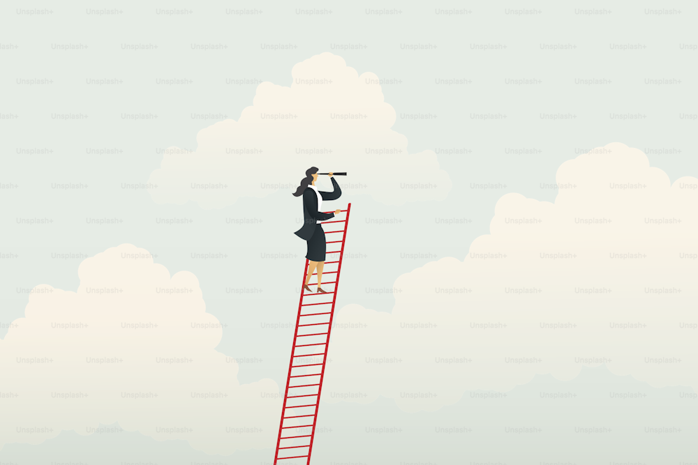 Businesswoman climbing ladder for vision opportunities and achievement. Business concept illustration vector