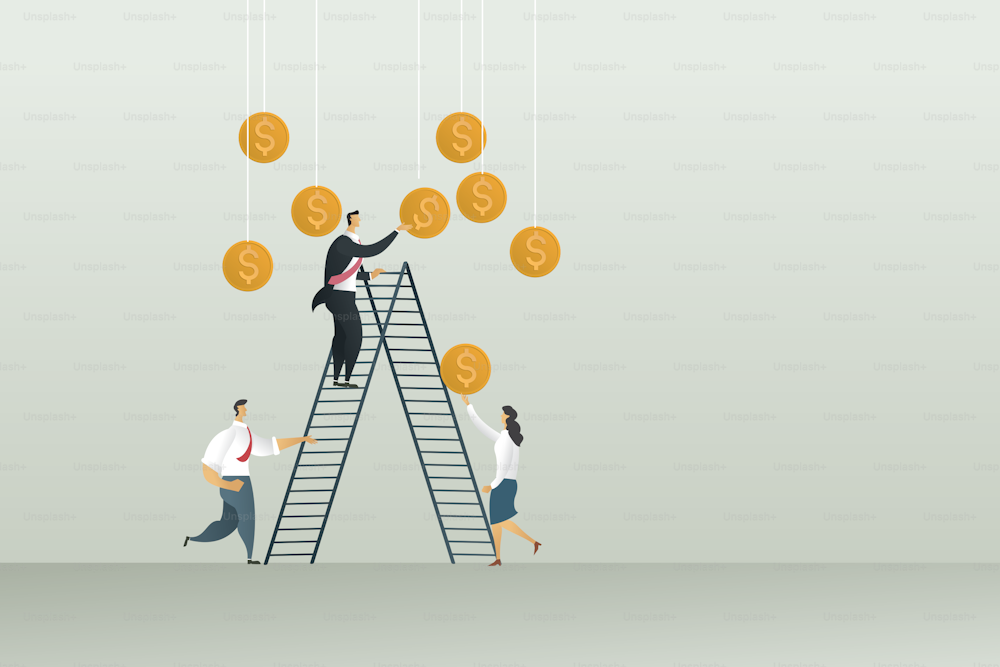 Business people group reap profits by businessman holding a coin sstanding on ladder a successful business. Vector Illustration
