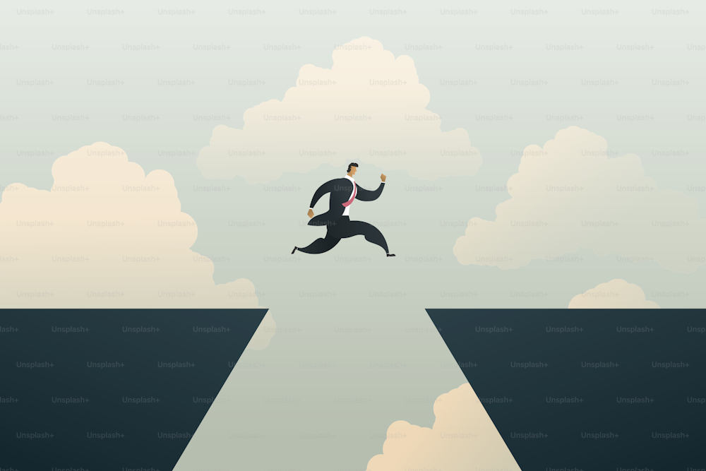 Os líderes de empresários saltam sobre lacunas de penhascos como desafios de negócios de risco, sucesso, motivação, ambição.  Ilustração vetorial