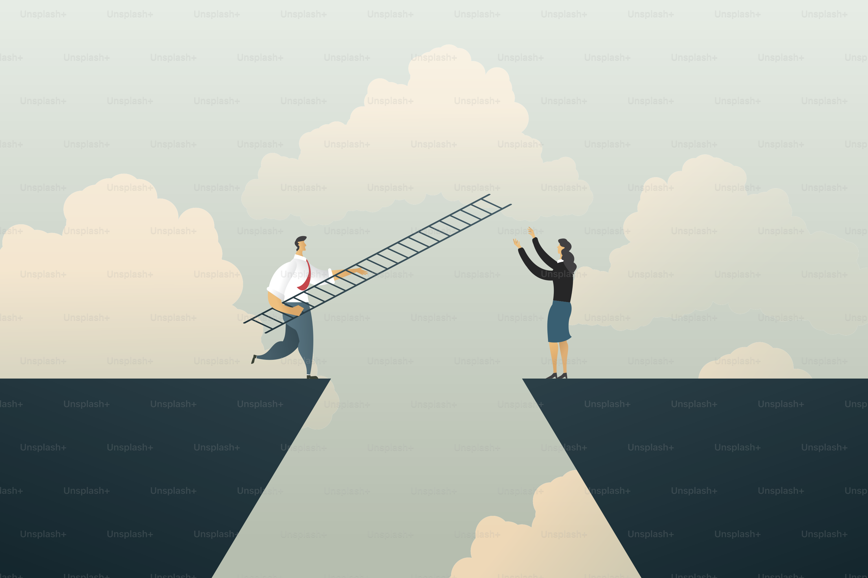 Businessman lift the stairs to businesswoman across. Risky situation ...