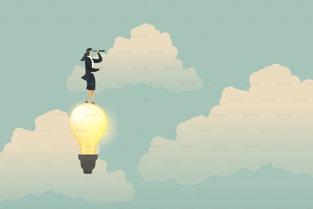 Geschäftsfrau auf der Suche nach Möglichkeiten für Glühbirnenlampen. Geschäftsidee concep. Illustration Vektor