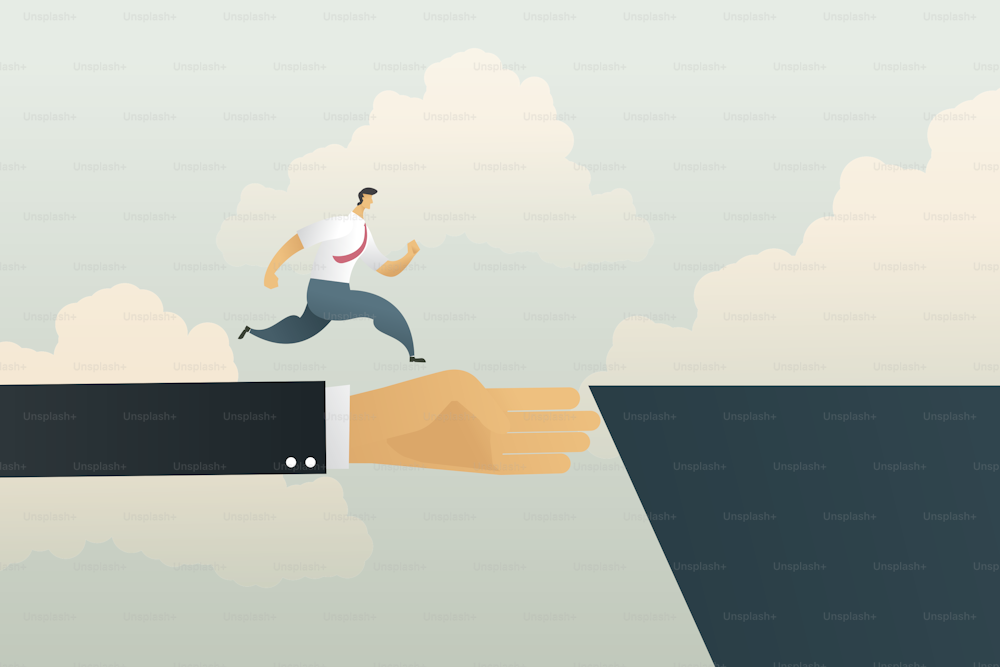 Businessman hand is a bridge that helps the businessman run cross the cliff to reach his goal. Vector illustration