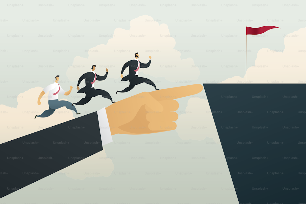 Businessman hand points to a flag placed on the top of a cliff, ready for businessmen to run up to the goal. Vector illustration