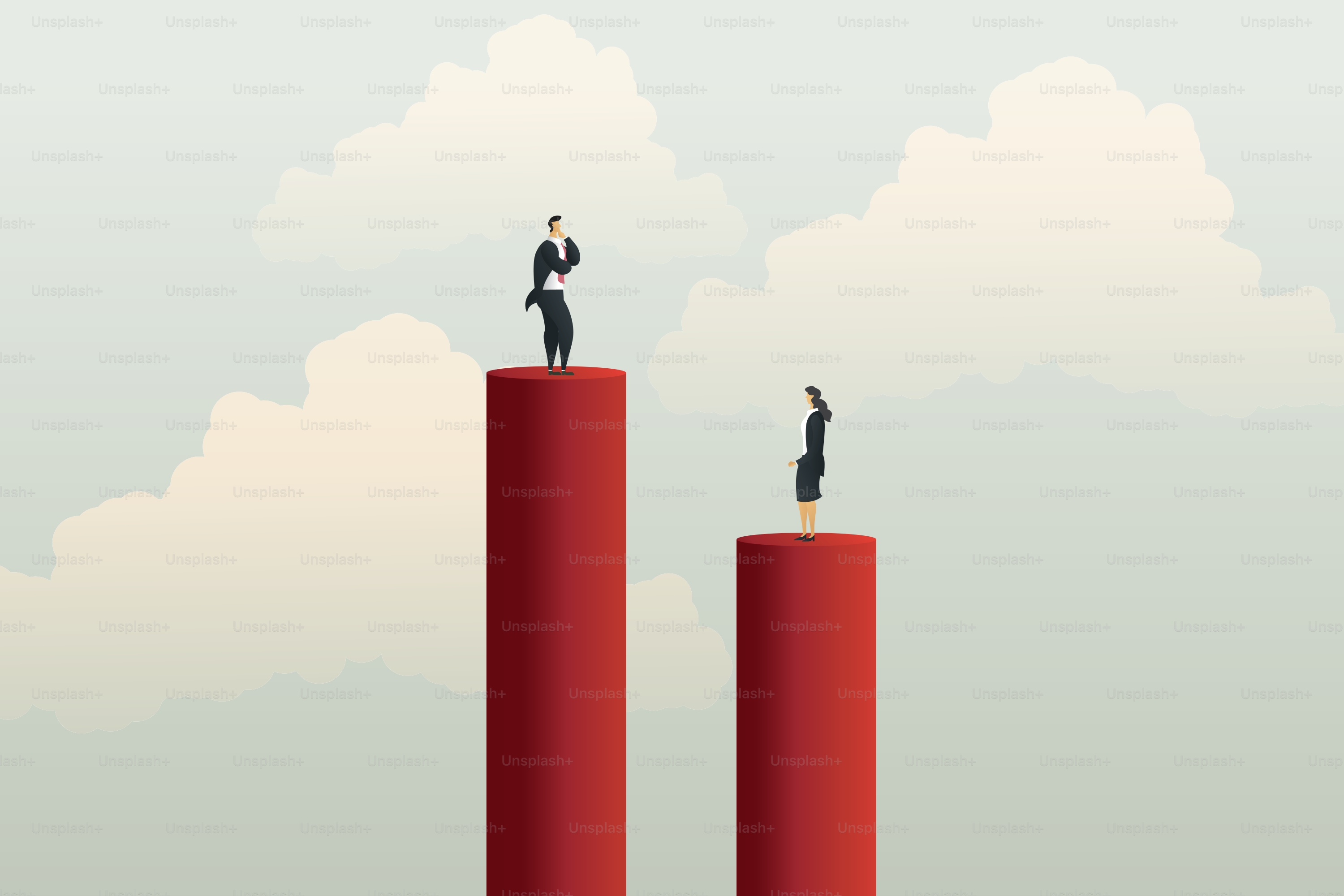 Unterschiedliche ungleiche Karrierechancen zwischen Geschäftsfrau und Biusinessman. Illustrationsvektor