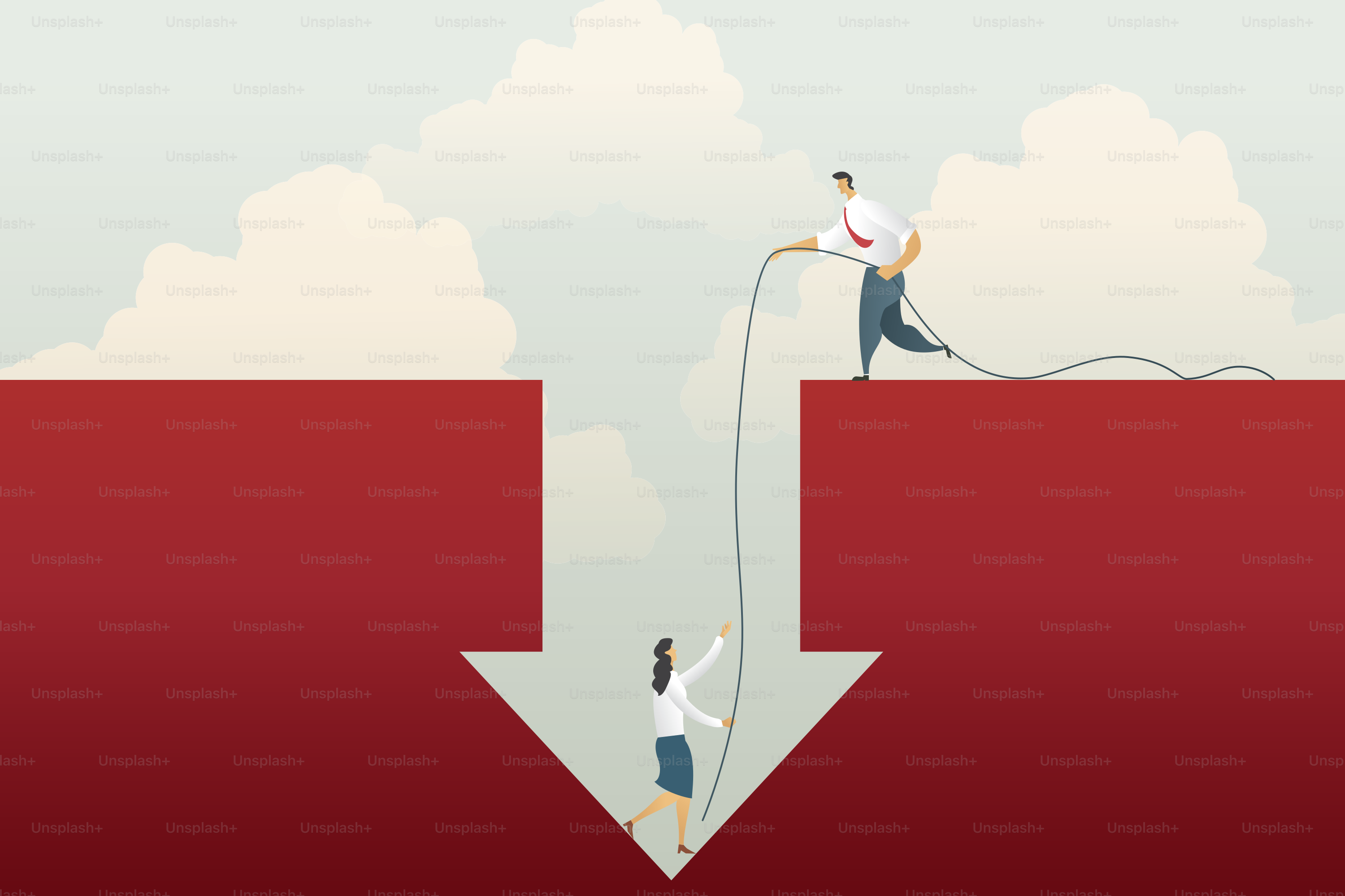 Businessman handed a rope to businesswoman to climb out of a hole. Business help from the economic crisis. illustration vector