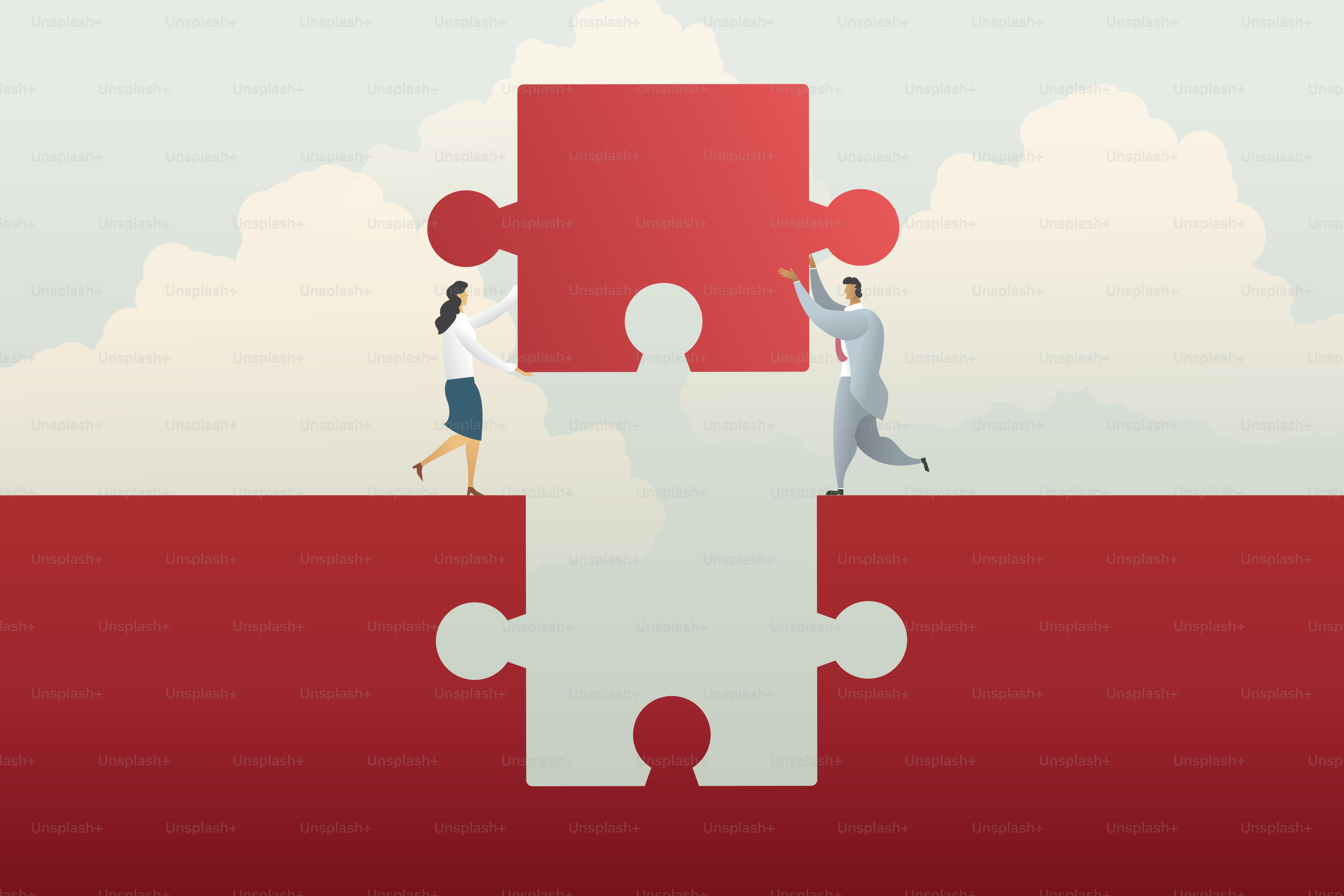 Business teamwork cooperation, businessman and businesswoman holding jigsaw puzzle connect red way. illustration vector