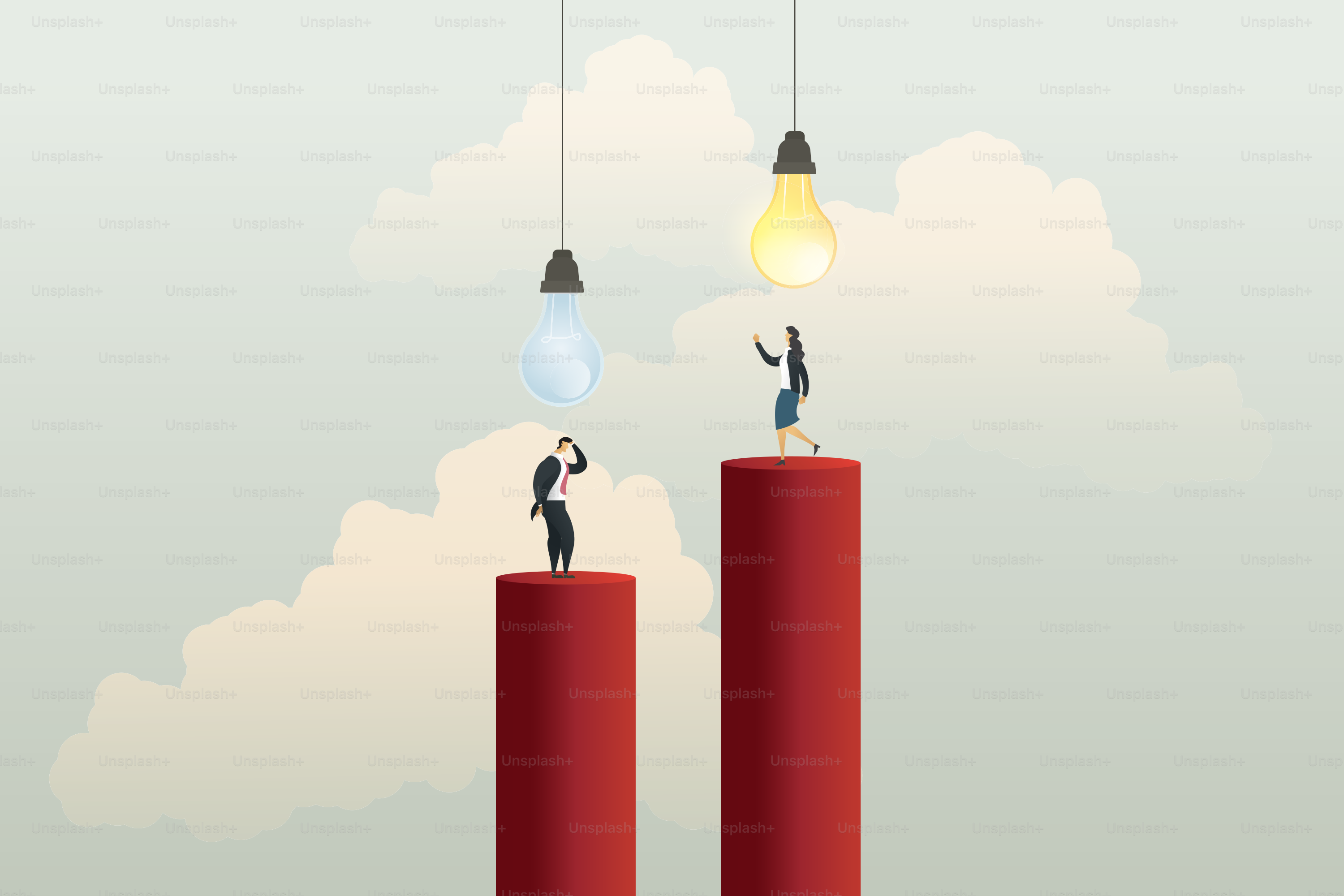 Businessman no idea under lightbulb turned off but businesswoman standing under lightbulb creative concept solution and vision, ambition succes. illustration vector