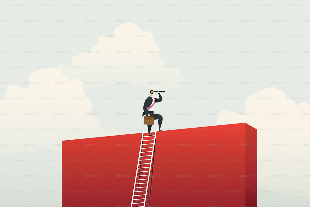 Businessman climbing ladder for vision opportunities and achievement over the wall. Business concept illustration vector