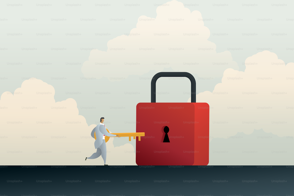 Businessman to holding unlock padlock with key golden, to find a solution or a security. Business concept vector illustration.