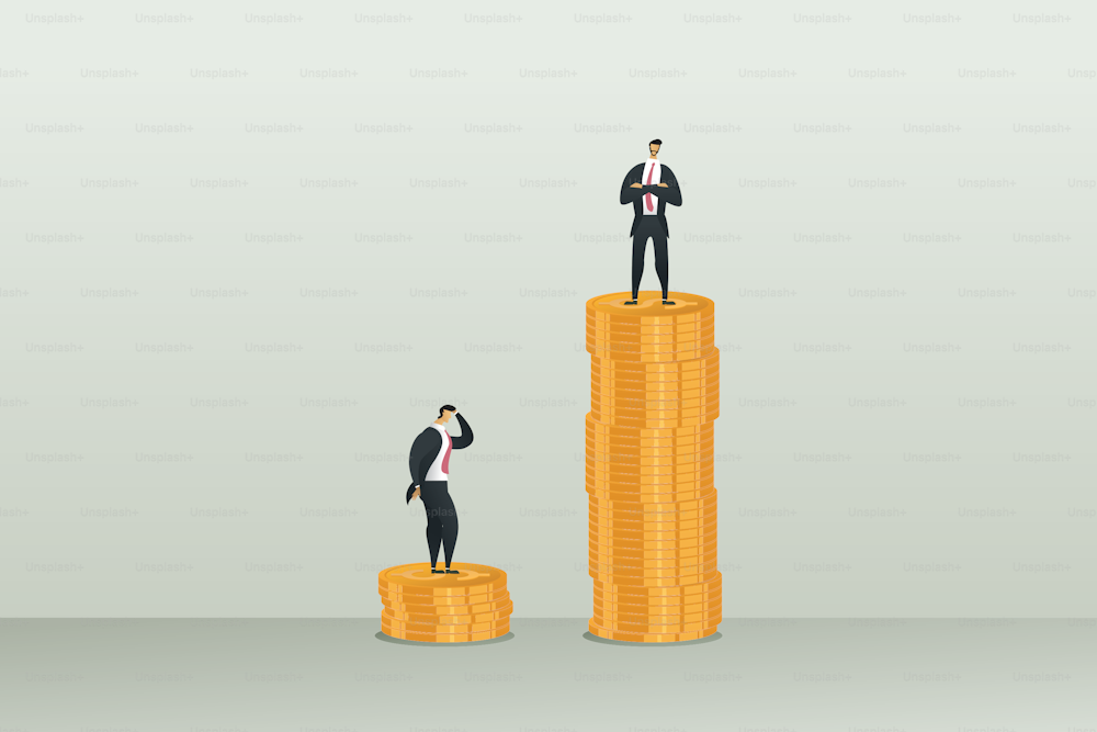 Difference in income unequal in salary Two business men on piles of coins form discrimination.illustration vector.