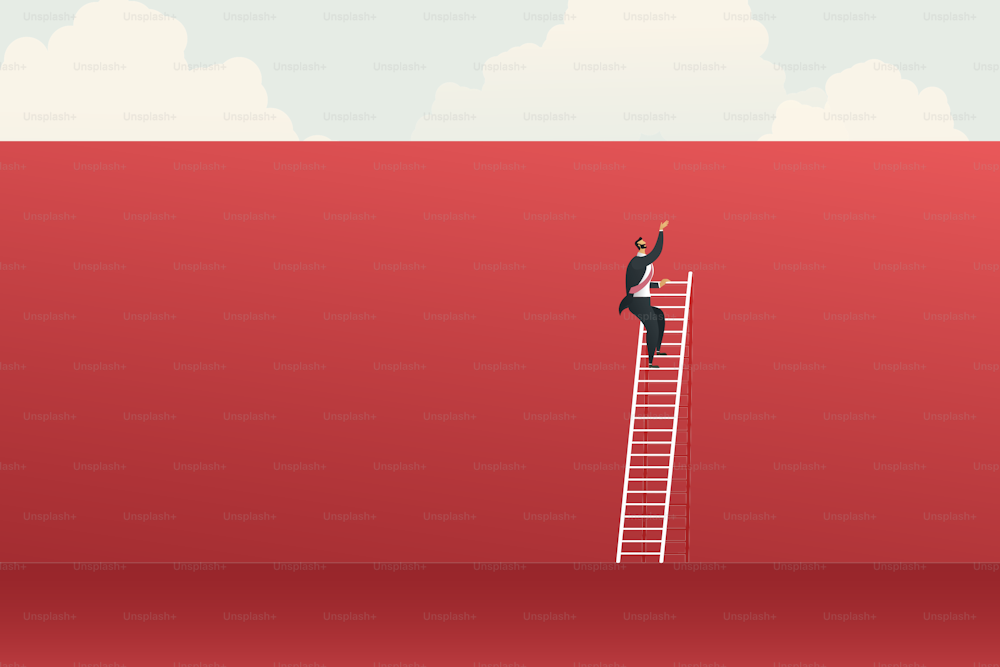 Desafío conceptual con gran pared roja y el hombre de negocios no puede subir una escalera sobre una pared para el crecimiento profesional. Vector de ilustración.